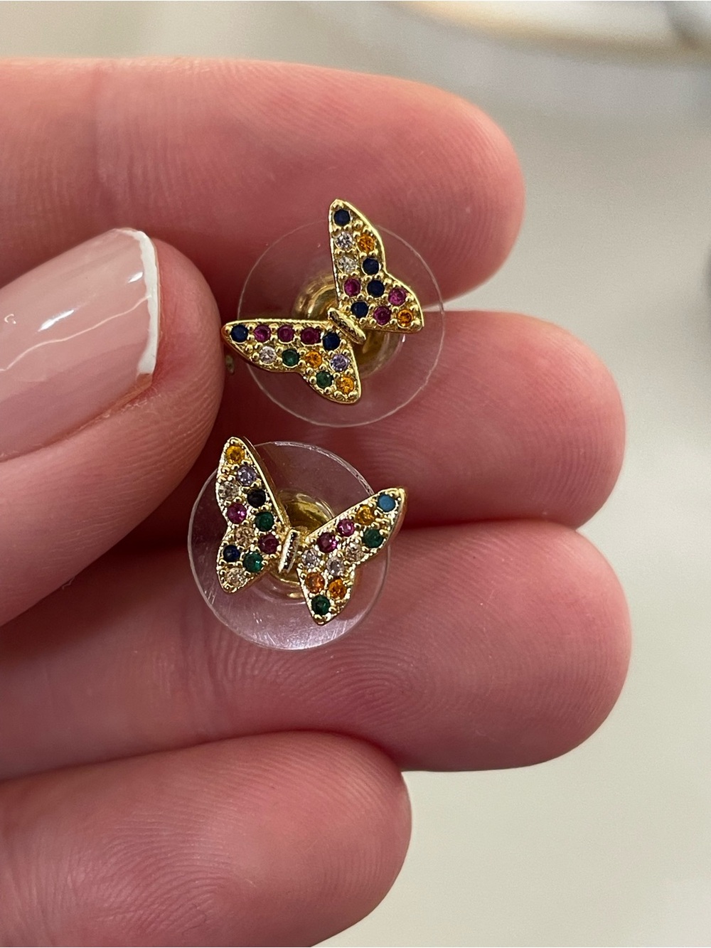 Gold Butterfly Stud Earrings with Multicolor Stones